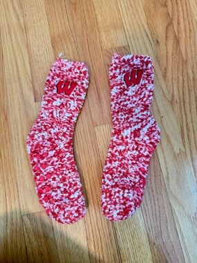 Wisconsin Red & White Plush Fuzzy Socks